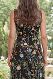 Black Tulle A-Line V-Neck Embroidered Long Mother Of the Bride Dress with Slit
