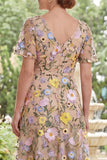 Champagne Tulle A-Line V-Neck Embroidered Midi Mother Of the Bride Dress