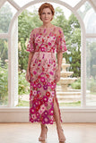 Fuchsia Floral Bateau Neck Embroidered Midi Mother Of the Bride Dress with Slit