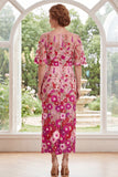 Fuchsia Floral Bateau Neck Embroidered Midi Mother Of the Bride Dress with Slit