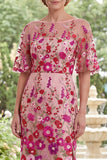 Fuchsia Floral Bateau Neck Embroidered Midi Mother Of the Bride Dress with Slit