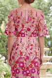 Fuchsia Floral Bateau Neck Embroidered Midi Mother Of the Bride Dress with Slit
