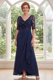 Navy V-Neck Chiffon Beaded Long Mother Of the Bride Dress with Ruffles