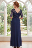 Navy V-Neck Chiffon Beaded Long Mother Of the Bride Dress with Ruffles