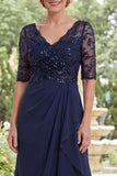 Navy V-Neck Chiffon Beaded Long Mother Of the Bride Dress with Ruffles