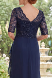 Navy V-Neck Chiffon Beaded Long Mother Of the Bride Dress with Ruffles