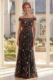 Off the Shoulder Black Tulle Floral Embroidered Long Mother Of the Bride Dress