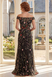 Off the Shoulder Black Tulle Floral Embroidered Long Mother Of the Bride Dress
