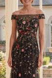 Off the Shoulder Black Tulle Floral Embroidered Long Mother Of the Bride Dress