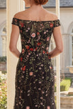 Off the Shoulder Black Tulle Floral Embroidered Long Mother Of the Bride Dress