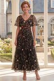 Black Tulle V-Neck Floral Embroidered Long Mother Of the Bride Dress