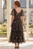 Black Tulle V-Neck Floral Embroidered Long Mother Of the Bride Dress