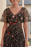 Black Tulle V-Neck Floral Embroidered Long Mother Of the Bride Dress