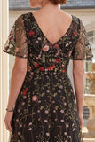 Black Tulle V-Neck Floral Embroidered Long Mother Of the Bride Dress