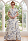 Dusty Blue Jacquard Round Neck Floral Long Mother Of the Bride Dress with Short Sleeves