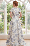 Dusty Blue Jacquard Round Neck Floral Long Mother Of the Bride Dress with Short Sleeves