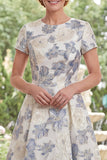Dusty Blue Jacquard Round Neck Floral Long Mother Of the Bride Dress with Short Sleeves