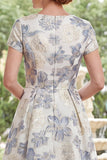 Dusty Blue Jacquard Round Neck Floral Long Mother Of the Bride Dress with Short Sleeves