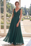 Dark Green V-Neck Chiffon Long Mother Of the Bride Dress with Beading