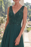 Dark Green V-Neck Chiffon Long Mother Of the Bride Dress with Beading