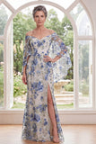 Blue Flower Off the Shoulder Long Mother Of the Bride Dress with Slit