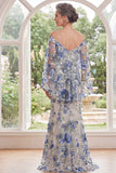 Blue Flower Off the Shoulder Long Mother Of the Bride Dress with Slit