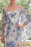 Blue Flower Off the Shoulder Long Mother Of the Bride Dress with Slit