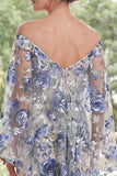 Blue Flower Off the Shoulder Long Mother Of the Bride Dress with Slit
