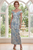 Blue Off the Shoulder Bodycon Jacquard Floral Long Mother Of the Bride Dress with Belt