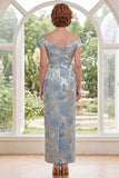 Blue Off the Shoulder Bodycon Jacquard Floral Long Mother Of the Bride Dress with Belt