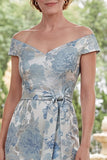 Blue Off the Shoulder Bodycon Jacquard Floral Long Mother Of the Bride Dress with Belt