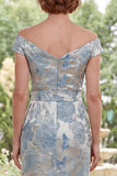 Blue Off the Shoulder Bodycon Jacquard Floral Long Mother Of the Bride Dress with Belt