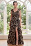 Jacquard Black A-Line V-Neck Floral Long Mother Of the Bride Dress with Slit