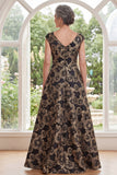 Jacquard Black A-Line V-Neck Floral Long Mother Of the Bride Dress with Slit