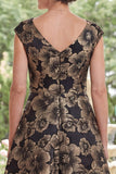 Jacquard Black A-Line V-Neck Floral Long Mother Of the Bride Dress with Slit