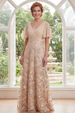 A-Line Champagne V-Neck Floral Long Mother Of the Bride Dress with Flutter Sleeves