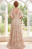A-Line Champagne V-Neck Floral Long Mother Of the Bride Dress with Flutter Sleeves
