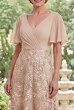 A-Line Champagne V-Neck Floral Long Mother Of the Bride Dress with Flutter Sleeves