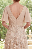 A-Line Champagne V-Neck Floral Long Mother Of the Bride Dress with Flutter Sleeves
