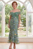 Mermaid Green Off the Shoulder Embroidered Floral Long Mother Of the Bride Dress