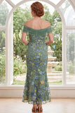 Mermaid Green Off the Shoulder Embroidered Floral Long Mother Of the Bride Dress