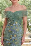 Mermaid Green Off the Shoulder Embroidered Floral Long Mother Of the Bride Dress