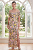 Champagne Illusion Neck Sheath Embroidered Floral Long Mother Of the Bride Dress with Slit