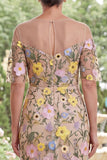 Champagne Illusion Neck Sheath Embroidered Floral Long Mother Of the Bride Dress with Slit