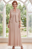 Champagne A-Line Floral Long Mother Of the Bride Dress with 3/4 Sleeves