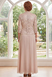 Champagne A-Line Floral Long Mother Of the Bride Dress with 3/4 Sleeves