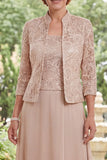 Champagne A-Line Floral Long Mother Of the Bride Dress with 3/4 Sleeves