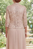 Champagne A-Line Floral Long Mother Of the Bride Dress with 3/4 Sleeves
