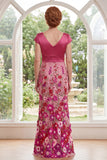 Fuchsia Mermaid Floral V-Neck Long Mother Of the Bride Dress with Cap Sleeves