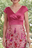 Fuchsia Mermaid Floral V-Neck Long Mother Of the Bride Dress with Cap Sleeves
